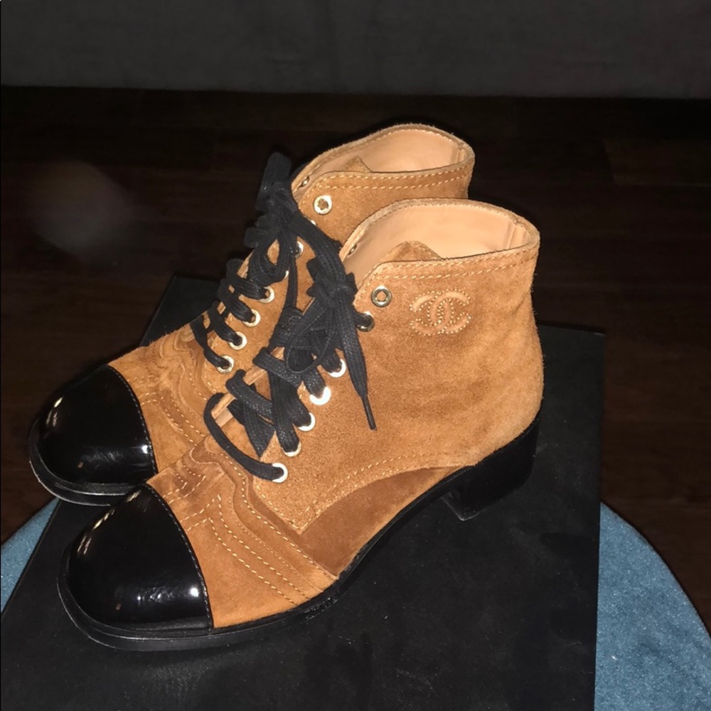 Chanel lace up suede booties